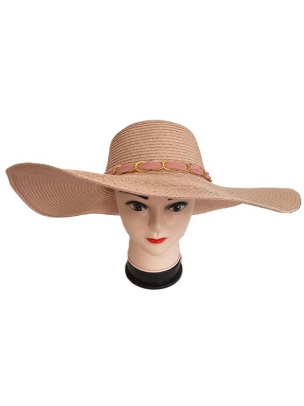Women Floppy Straw Gold Chain Wide Brim Roll-Up Large Travel Beach Hat - Pink